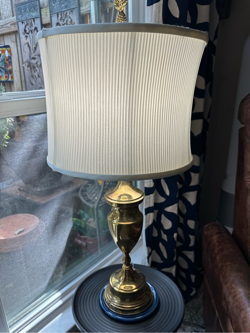 Vintage Urn Shaped Brass Table Lamp with White Pleated Shade